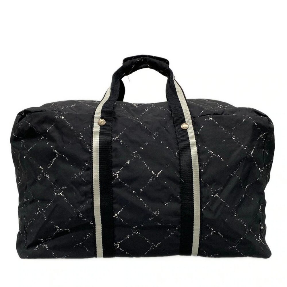 CHANEL Old Travel Line Black White Nylon Boston Bag